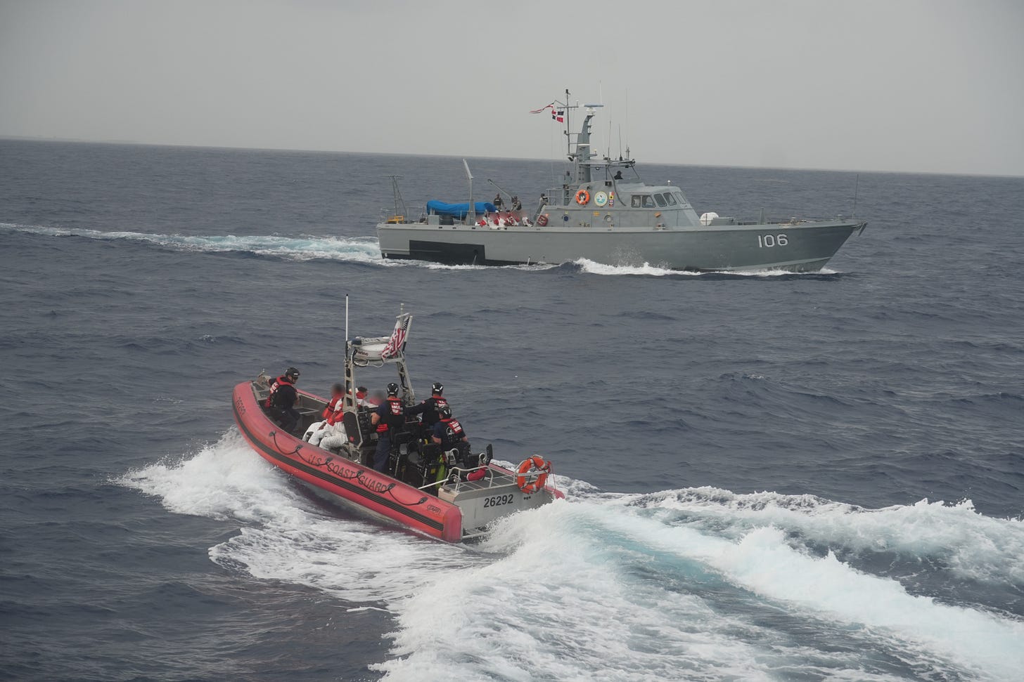 A Dominican Republic naval ship prepares to receive 32 of its citizens apprehended at sea from the US Coast Guard off Puerto Rico (US Coast Guard photo) A Dominican Republic naval ship prepares to receive 32 of its citizens apprehended at sea from the US Coast Guard off Puerto Rico (US Coast Guard photo)