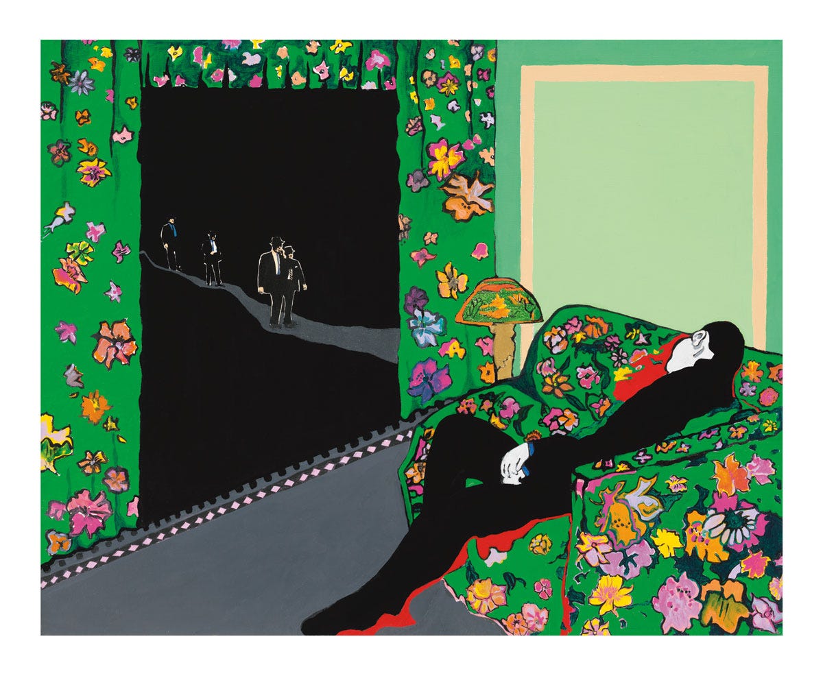 Rosalyn Drexler’s Night Visitors, a man sprawled on a green floral couch in a dark room as figures stand in the doorway