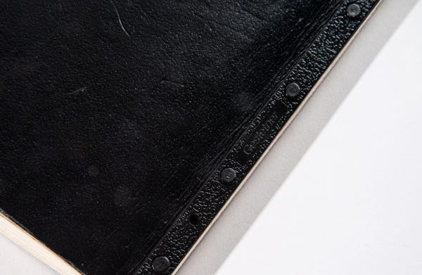 The binding of Jeffrey Epstein's other little black book showing a "Gestetner" brand imprint The binding of Jeffrey Epstein's other little black book showing a "Gestetner" brand imprint