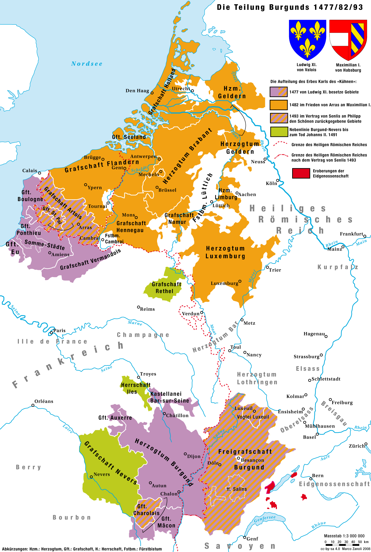 Burgundian Realms, taken from https://en.wikipedia.org/wiki/War_of_the_Burgundian_Succession#/media/File:Karte_Haus_Burgund_5.png