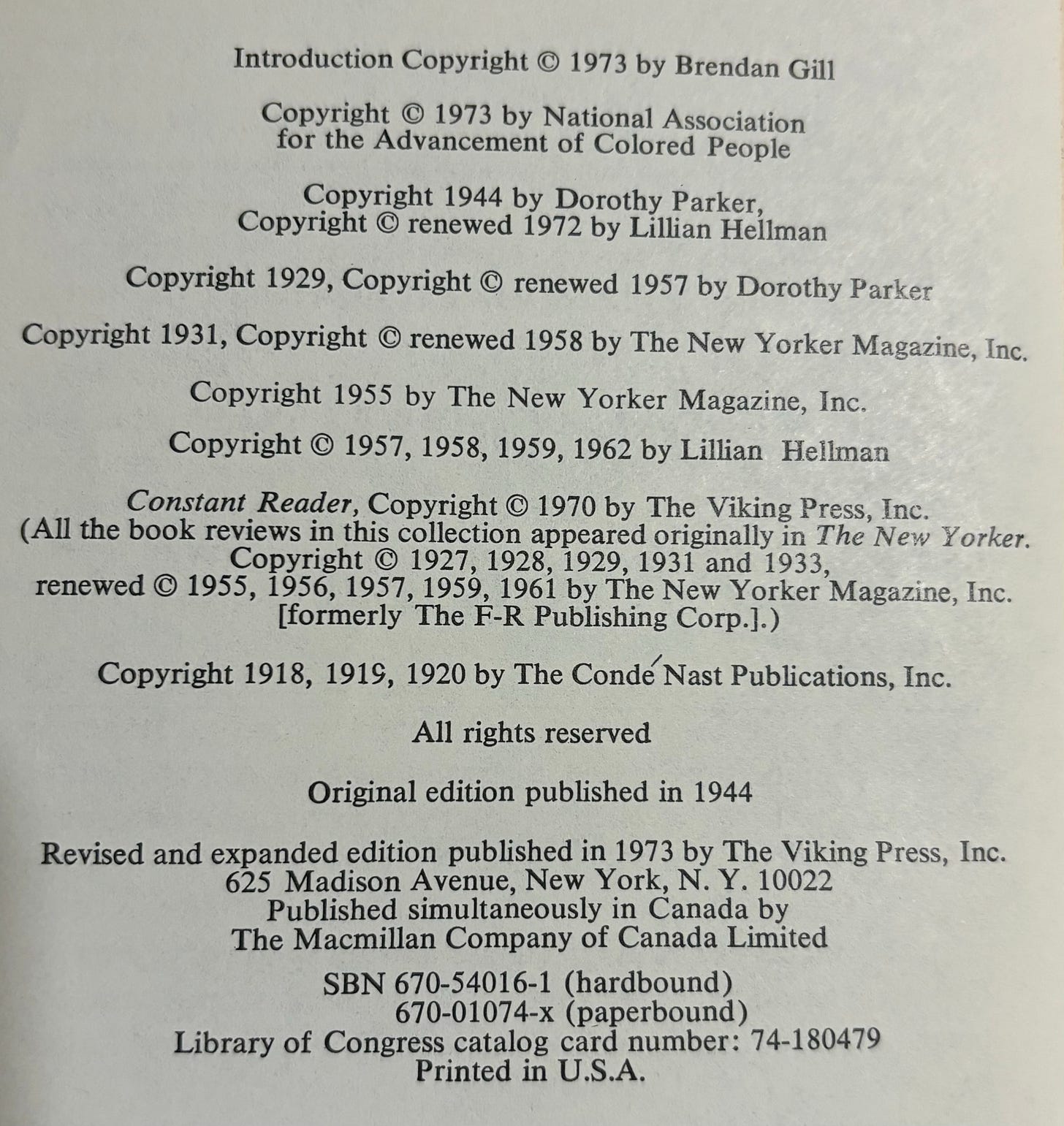 The copyright page from the Portable Dorothy Parker. The top listing is to the NAACP. Below that is a listing from Parkin 1944, renewed by Hellman in 1972. Several are credited to The New Yorker.