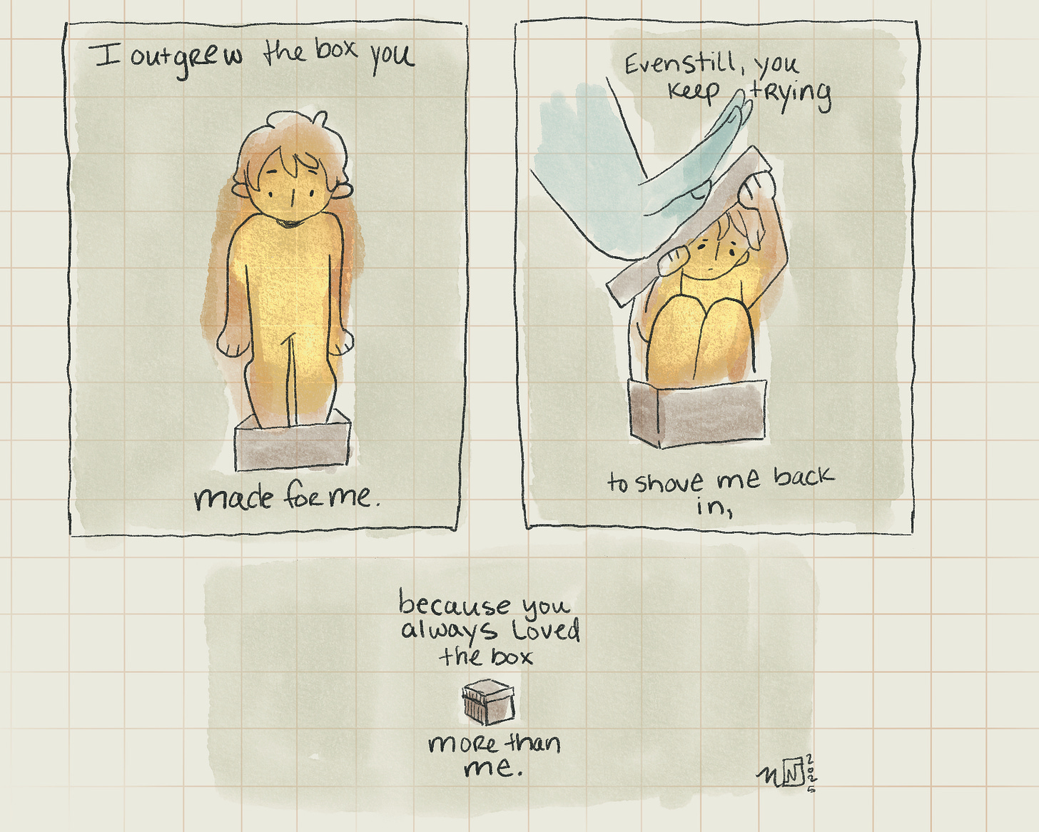 a comic with three panels. The first panel shows a little yellow person standing with their feet in a small box. In the 2nd panel a blue hand tries to push them into the box and the yellow person seems sad and scrunched. the last panel shows the box alone. It reads "I outgrew the box you made for me. Evenstill you try to shove me back inside, because you always loved the box more than me."