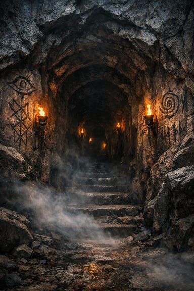 Tunnel entrance into the mountain leading to Soldav, carved stone walls, flickering torchlight, mist curling through the passage, ancient glyphs etched into the rock, atmosphere dark and gothic