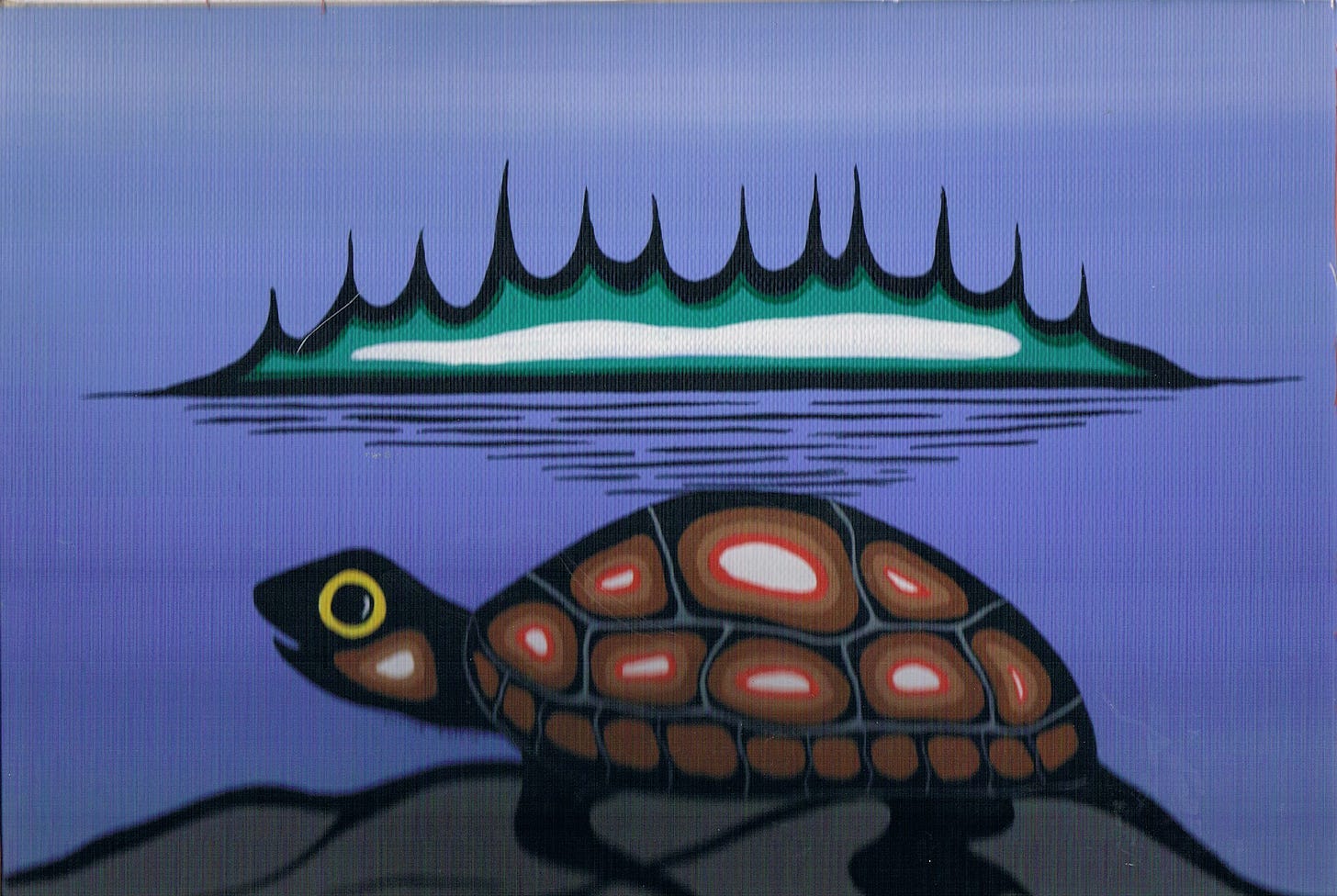A painting of a turtle and a blue background

Description automatically generated