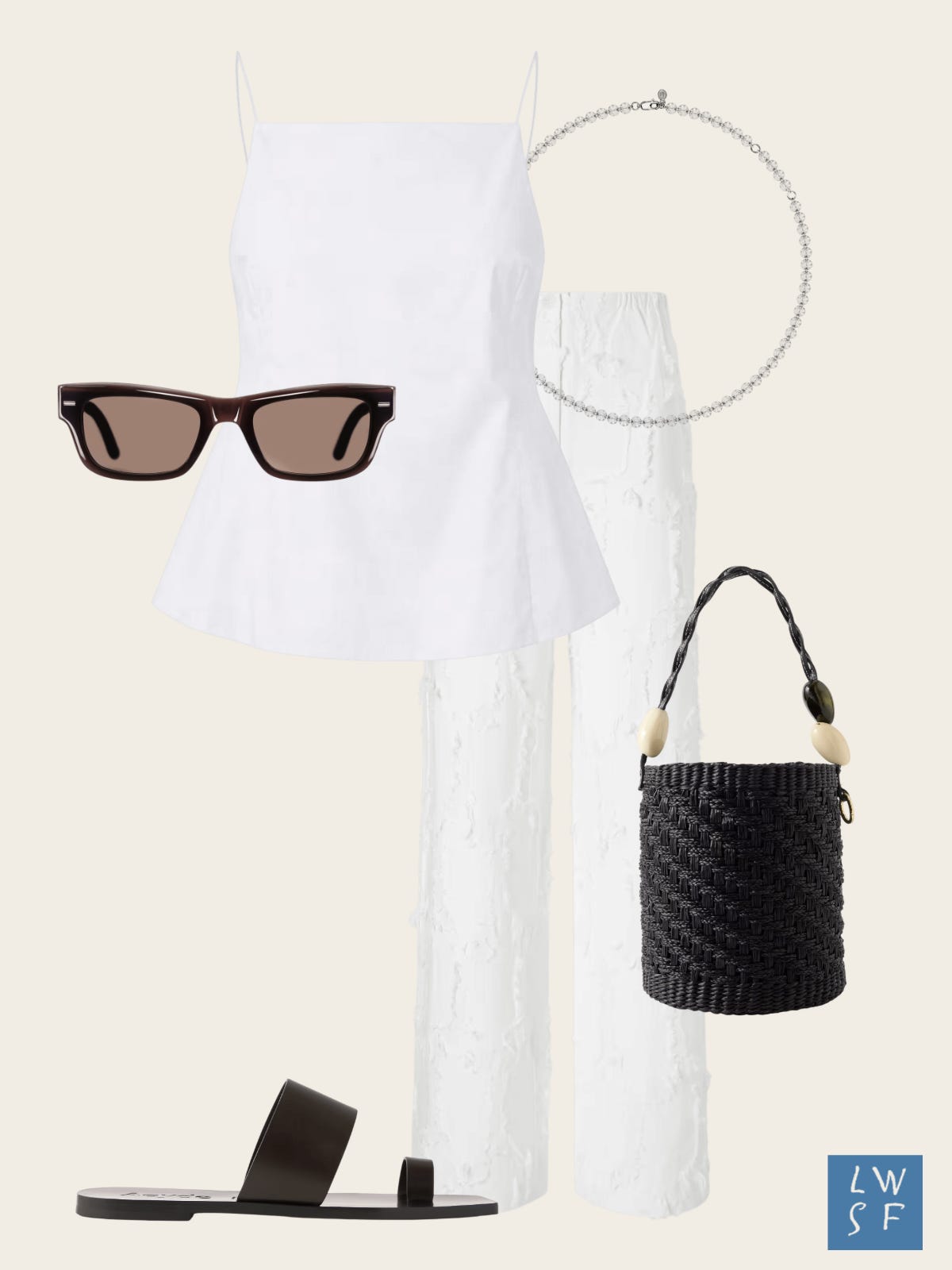 Summer outfit idea: white cotton poplin camisole top, white jacquard wide-leg trousers, black woven bucket bag with ivory and olive beads, silver tennis necklace, brown square slim wayfarer sunglasses, dark brown leather slide sandals