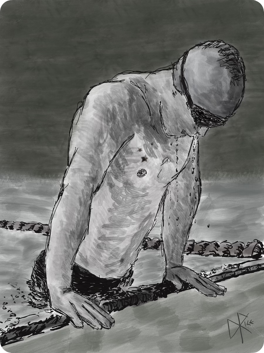 A swimmer pulls himself out of the pool after completing his laps. Sketch art by Don Rice.