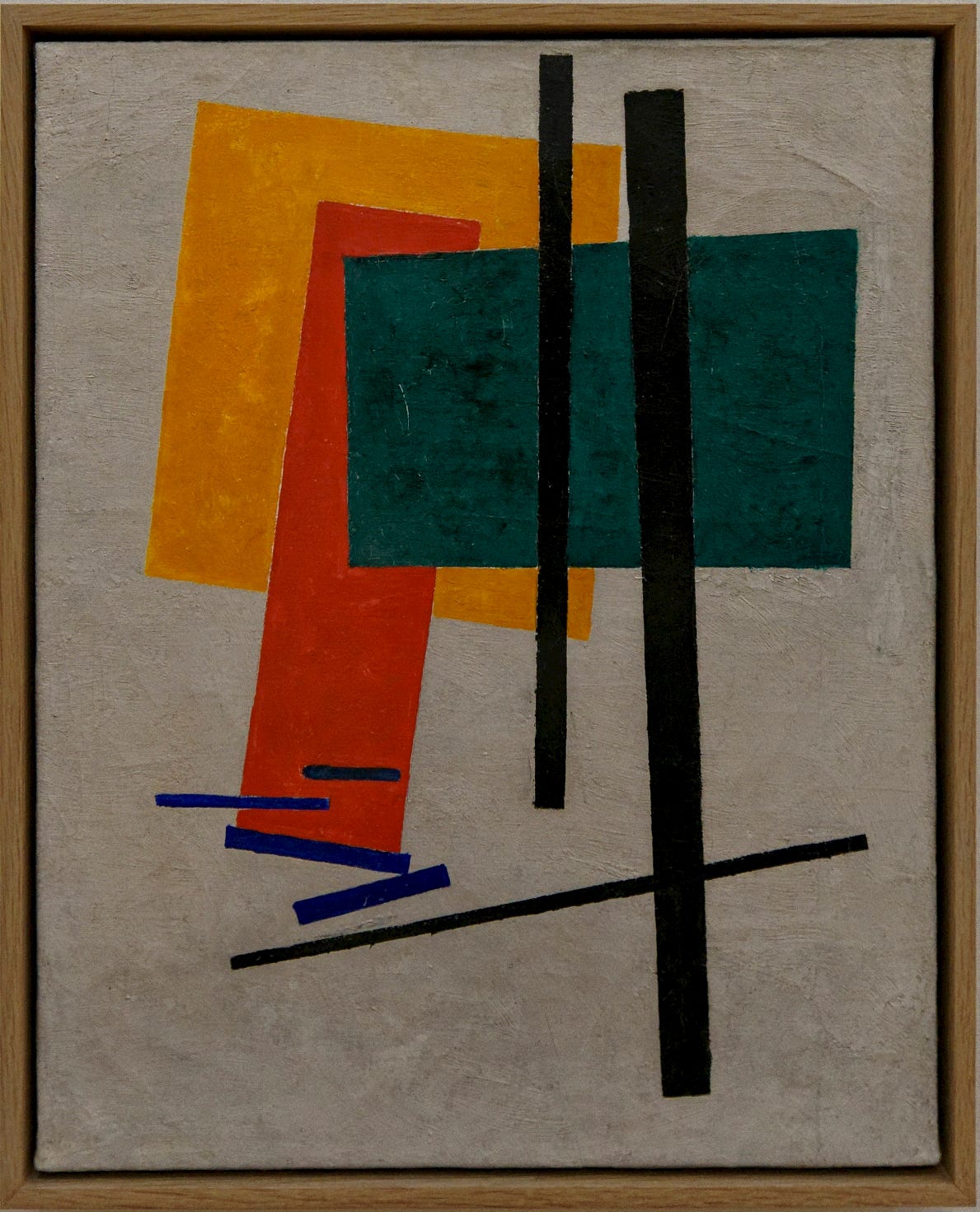Suprematist geometric composition by Malevich with yellow, orange and green rectangles floating on a white ground Suprematist geometric composition by Malevich with yellow, orange and green rectangles floating on a white ground