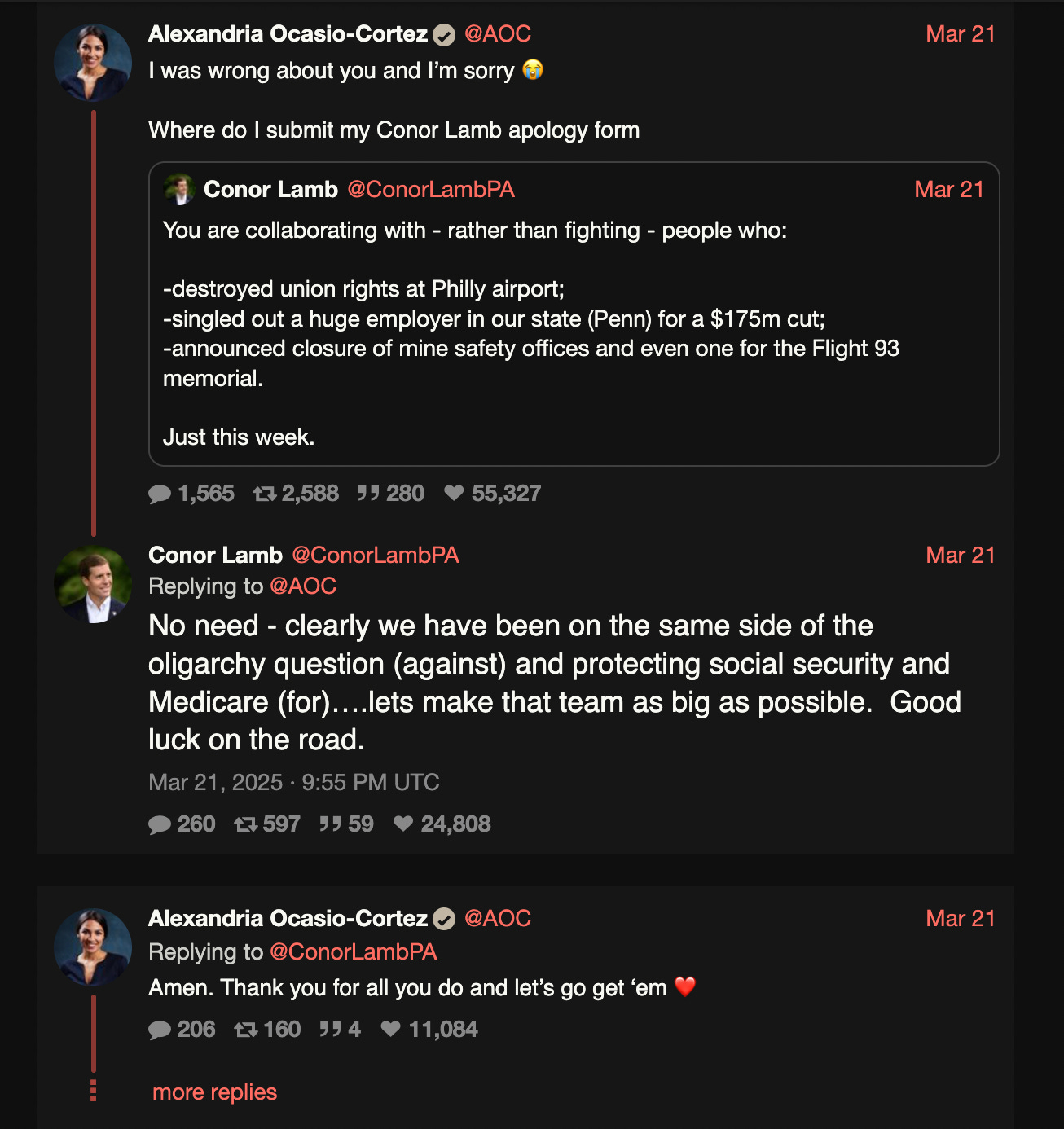 AOC tweet to Conor Lamb after Lamb goes after John Fetterman: "I was wrong about you and I'm sorry. Where do I submit my Conor Lamb apology form?" AOC tweet to Conor Lamb after Lamb goes after John Fetterman: "I was wrong about you and I'm sorry. Where do I submit my Conor Lamb apology form?"