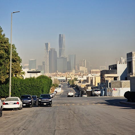 The KAFD - or King Abdullah Financial District - is the center of modern Riyadh and the financial center of the country. From left to right: the KAFD Metro Station; the pedestrian zone at the center of the KAFD; the view of the KAFD highrises from the low-rise Al Mohammadiyyah luxury residential neighborhood. 