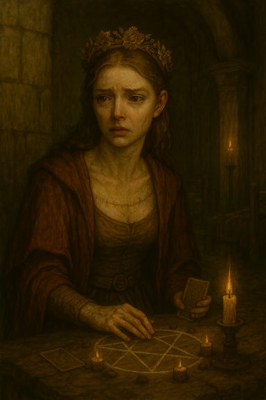 A dark fantasy image of Vasilka, visually similar to Anya Taylor-Joy, looking distressed in the Abbey of St. Markovia. She stands slightly apart from the Abbot and Greegan, her expression troubled and uncertain. Her pale, ethereal features—wide eyes, delicate jawline, and soft golden hair—are drawn in sorrow. She wears a simple gown with a garland of wildflowers around her neck, slightly askew. Her hands are clasped tightly in front of her, fingers tense. The Abbot, robed and serene, speaks to Greegan in the background, his posture calm and authoritative. Greegan is partially turned toward him, but the focus remains on Vasilka’s emotional reaction. The setting is a candlelit stone chamber with cracked walls and faded frescoes. The atmosphere is quiet, tense, and emotionally charged. A dark fantasy image of Vasilka, visually similar to Anya Taylor-Joy, looking distressed in the Abbey of St. Markovia. She stands slightly apart from the Abbot and Greegan, her expression troubled and uncertain. Her pale, ethereal features—wide eyes, delicate jawline, and soft golden hair—are drawn in sorrow. She wears a simple gown with a garland of wildflowers around her neck, slightly askew. Her hands are clasped tightly in front of her, fingers tense. The Abbot, robed and serene, speaks to Greegan in the background, his posture calm and authoritative. Greegan is partially turned toward him, but the focus remains on Vasilka’s emotional reaction. The setting is a candlelit stone chamber with cracked walls and faded frescoes. The atmosphere is quiet, tense, and emotionally charged.