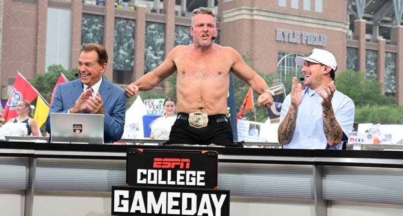 Nick Saban, Pat McAfee, and guest picker Johnny Manziel on the set of College GameDay Built by the Home Depot. Nick Saban, Pat McAfee, and guest picker Johnny Manziel on the set of College GameDay Built by the Home Depot.