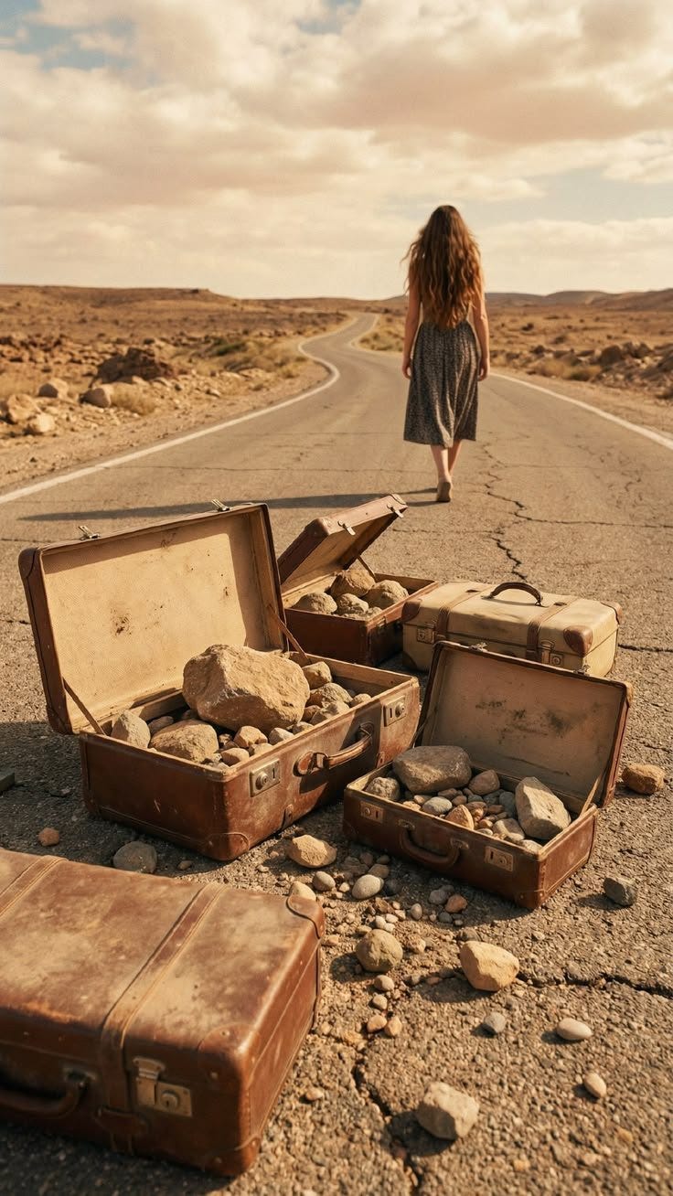 May be an image of suitcase, road and text