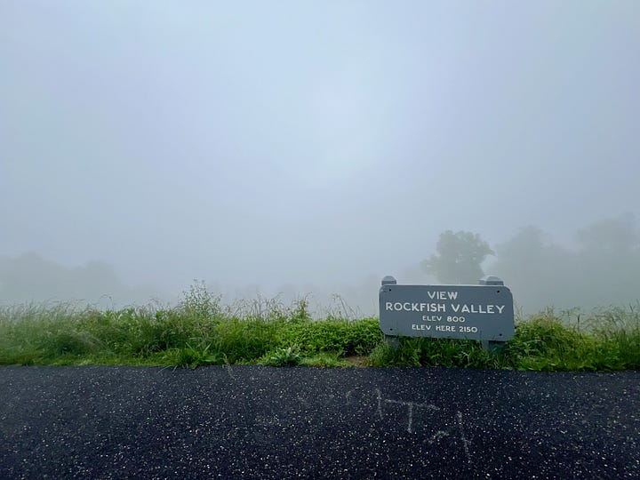 Cloudy view of Rockfish Valley, and a clear view with blue skies and white clouds