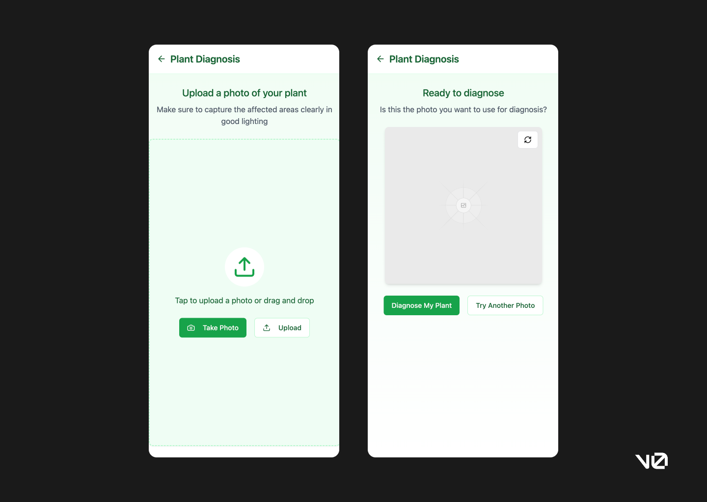 Two screens prompting user to take or upload a photo of their plant again, and a screen to confirm to proceed with the photo the user has taken/uploaded. Two screens prompting user to take or upload a photo of their plant again, and a screen to confirm to proceed with the photo the user has taken/uploaded.