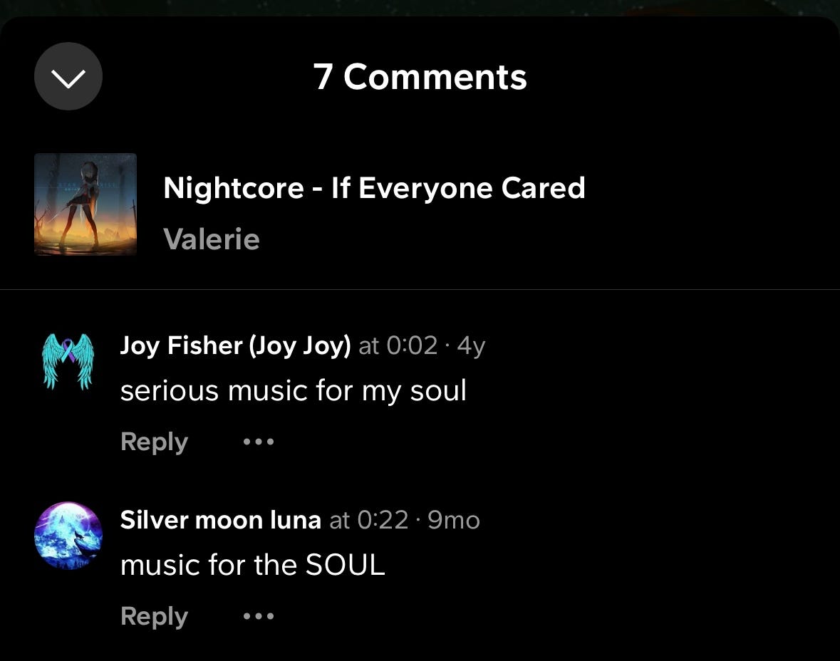Song titled "Nightcore - If everyone cared" with two comments shown. The comments read, "serious music for my soul." and "music for the SOUL."