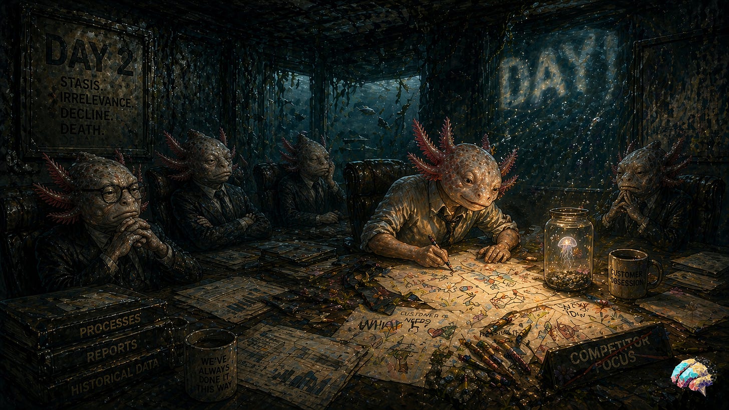 A submerged, decaying boardroom filled with axolotl-like executives sitting motionless around a table. One figure leans forward, sketching childlike drawings across scattered papers, while a small glowing jellyfish floats inside a glass jar beside them. The rest of the group watches in stillness, surrounded by dark water, debris, and fading corporate artifacts, as a faint warmth and life begins to emerge around the lone individual.
