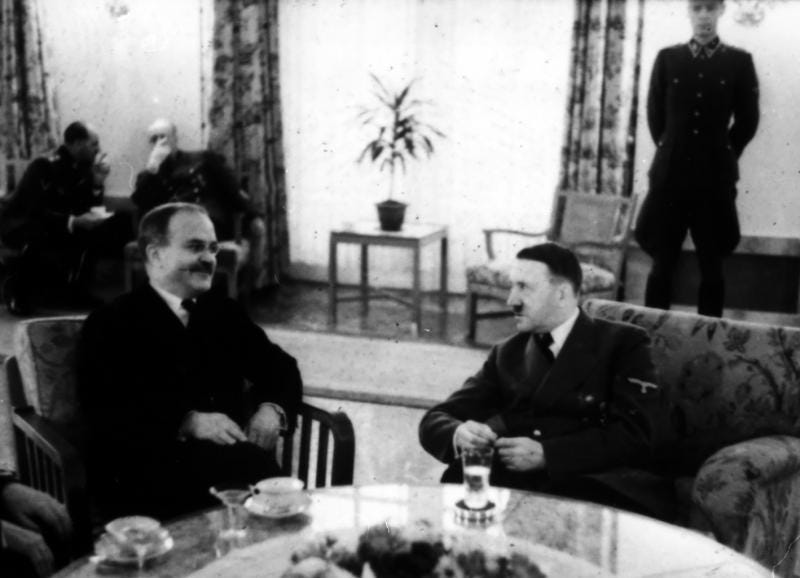 Soviet Foreign Minister Vyacheslav Molotov discusses the USSR joining the Axis powers with Adolf Hitler, 1940. Soviet Foreign Minister Vyacheslav Molotov discusses the USSR joining the Axis powers with Adolf Hitler, 1940.