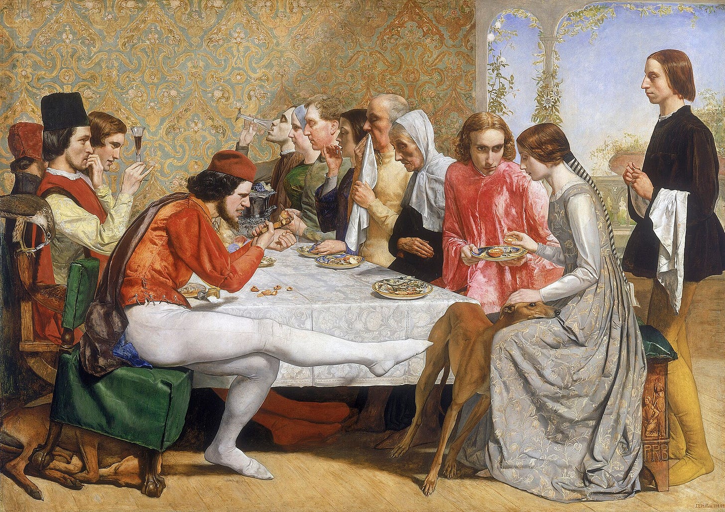A young couple at a long dinner table, with a kneeling figure and three letters carved at the foot of the bench