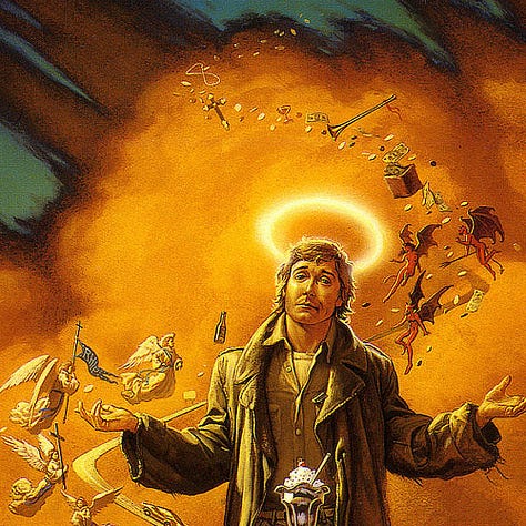 LEFT: Detail from JOB with an unkempt man shrugging as a zig zag of symbols pass around him. A glowing halo hangs above his head. CENTER: Close detail from JOB featuring symbolic detail winding around the central figure. Coins, a cross and chalice spill along the path implied by the road. Over one shoulder a trio of tiny devils hover. Over his opposite shoulder, set lower down, a cluster of penitent angels gather. One carries a blue standard, another a large cross. RIGHT: Close detail from JOB featuring symbolic detail winding around the central figure: a blimp, a book, a sundae in parfait glass, a pair of old brown shoes, a variety of plates, and a monkey smoking a cigarette. Near his feet floats a stand holding traffic signs. Among a spill of coins is the artist's sigil, the stylized letters M and W bound within a circle.
