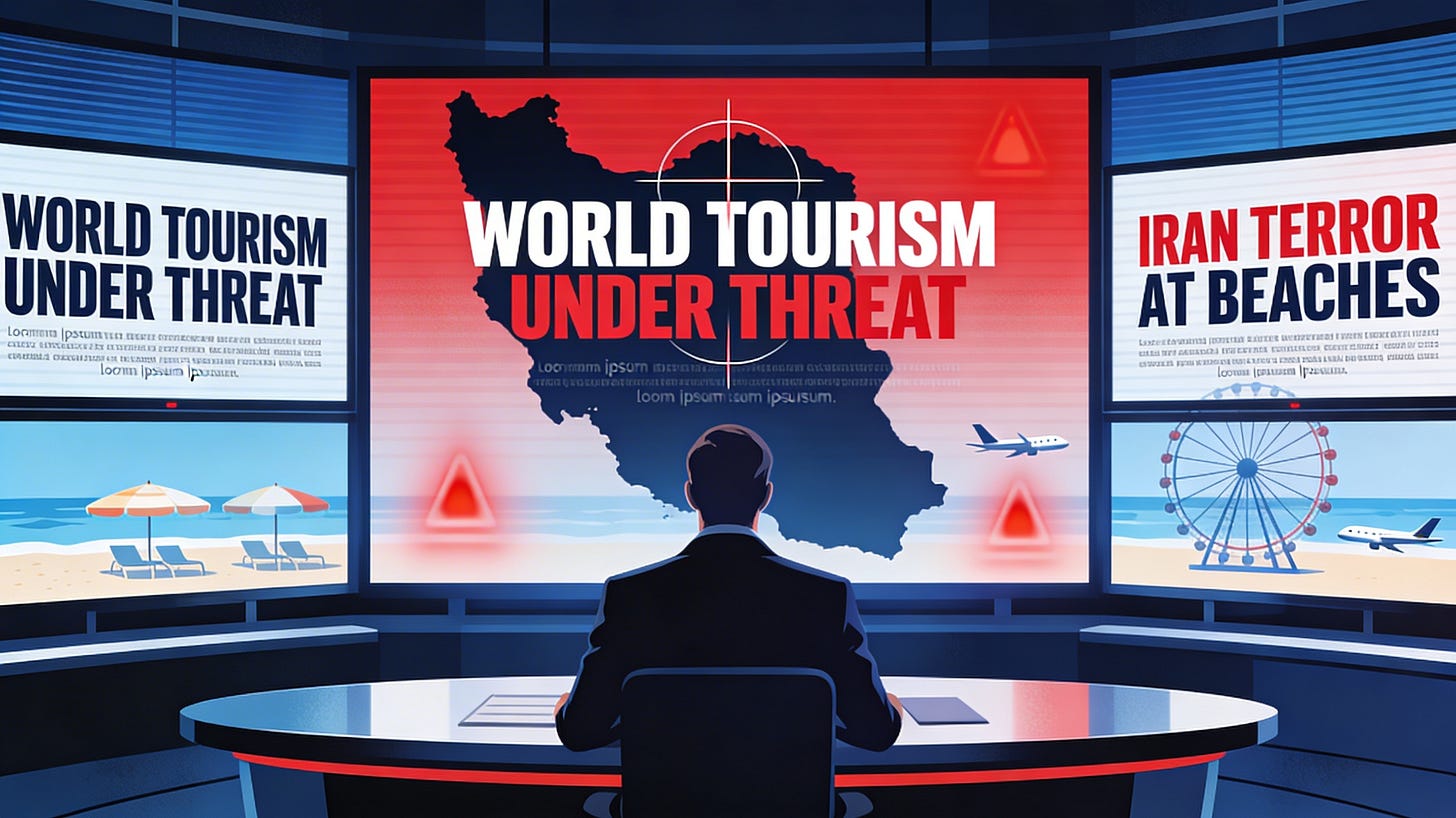 Illustration of Western TV news exaggerating Iranian threats against tourism sites for an opinion article.
