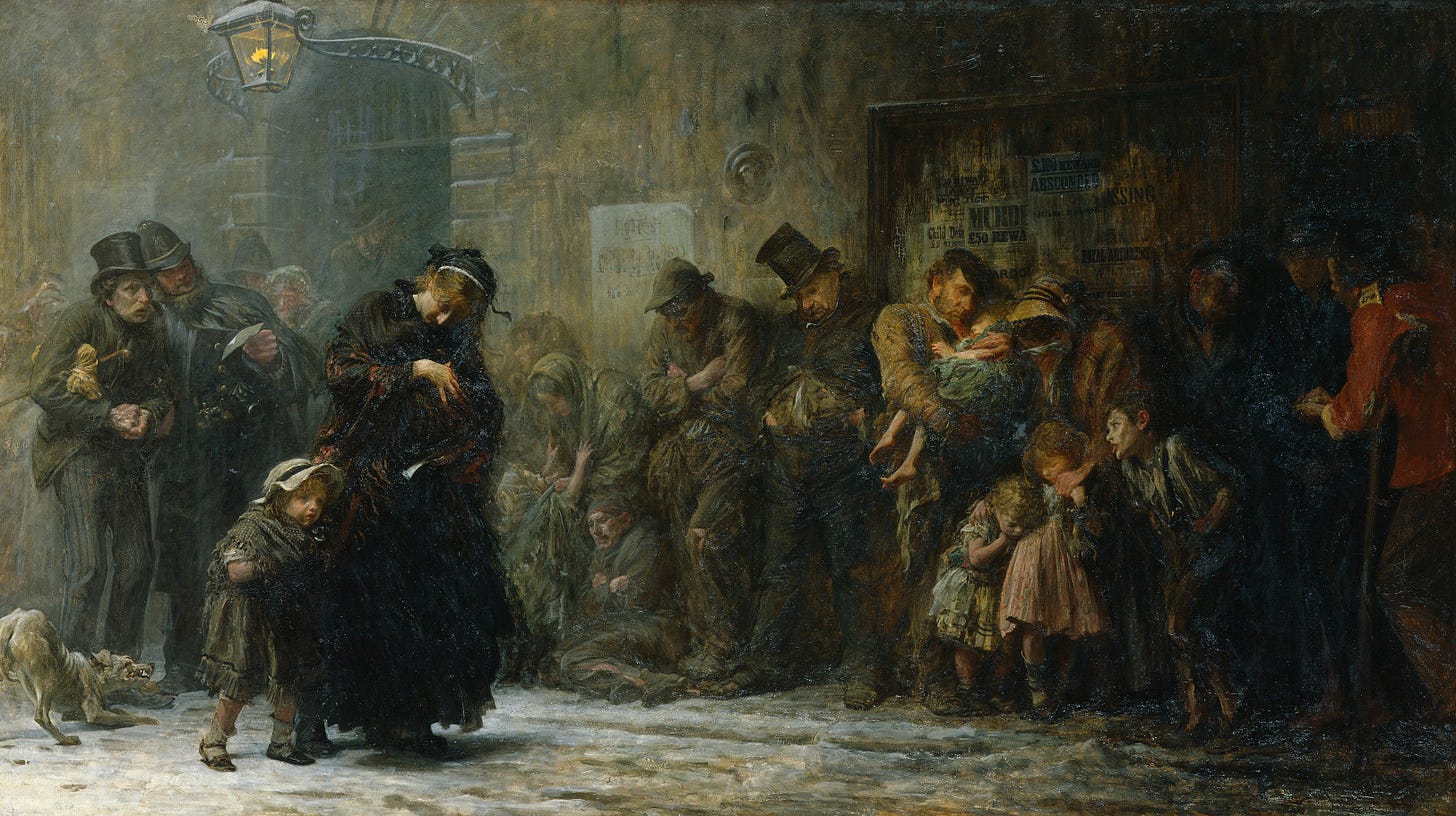 Luke Fildes, Applicants for Admission to a Casual Ward: a long line of homeless men, women and children waiting in the snow under a gas lamp in a London street at night