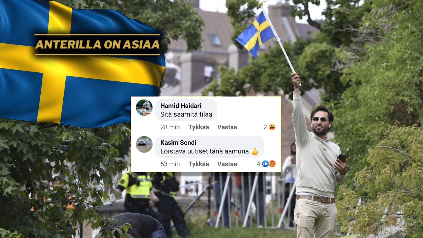 "Loistavat uutiset tänä aamuna" – "Sitä saa, mitä tilaa" – Suomen muslimit juhlivat islamilaista terrori-iskua vainotun vähemmistöön kuuluvan, nyt muslimin toimesta terrori-iskussa Ruotsissa murhatun turvapaikanhakijan sanan- ja ilmaisunvapautta vastaan.
