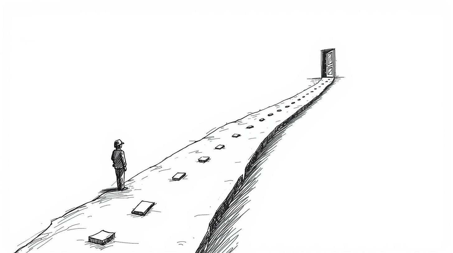 Figure following a year-long trail of content posts toward a door that just appeared