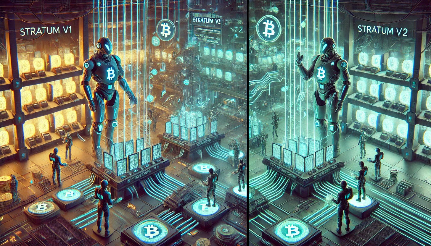 A side-by-side visualization of Stratum V1 and Stratum V2 in a futuristic cyberpunk Bitcoin mining facility. On the left, Stratum V1 shows a centralized mining pool controlling transaction selection, with miners depicted as robotic workers receiving pre-packaged data from a single command center. The data flows in rigid, one-way pipelines with visible bottlenecks. On the right, Stratum V2 shows a decentralized system where individual miners select transactions, represented as autonomous cyber-miners interacting freely with a dynamic network. Data flows in a more distributed, flexible manner, with encrypted pathways and reduced latency. The entire scene is illuminated by neon-hued holographic interfaces, reinforcing the contrast between old, centralized mining and the new, decentralized approach.