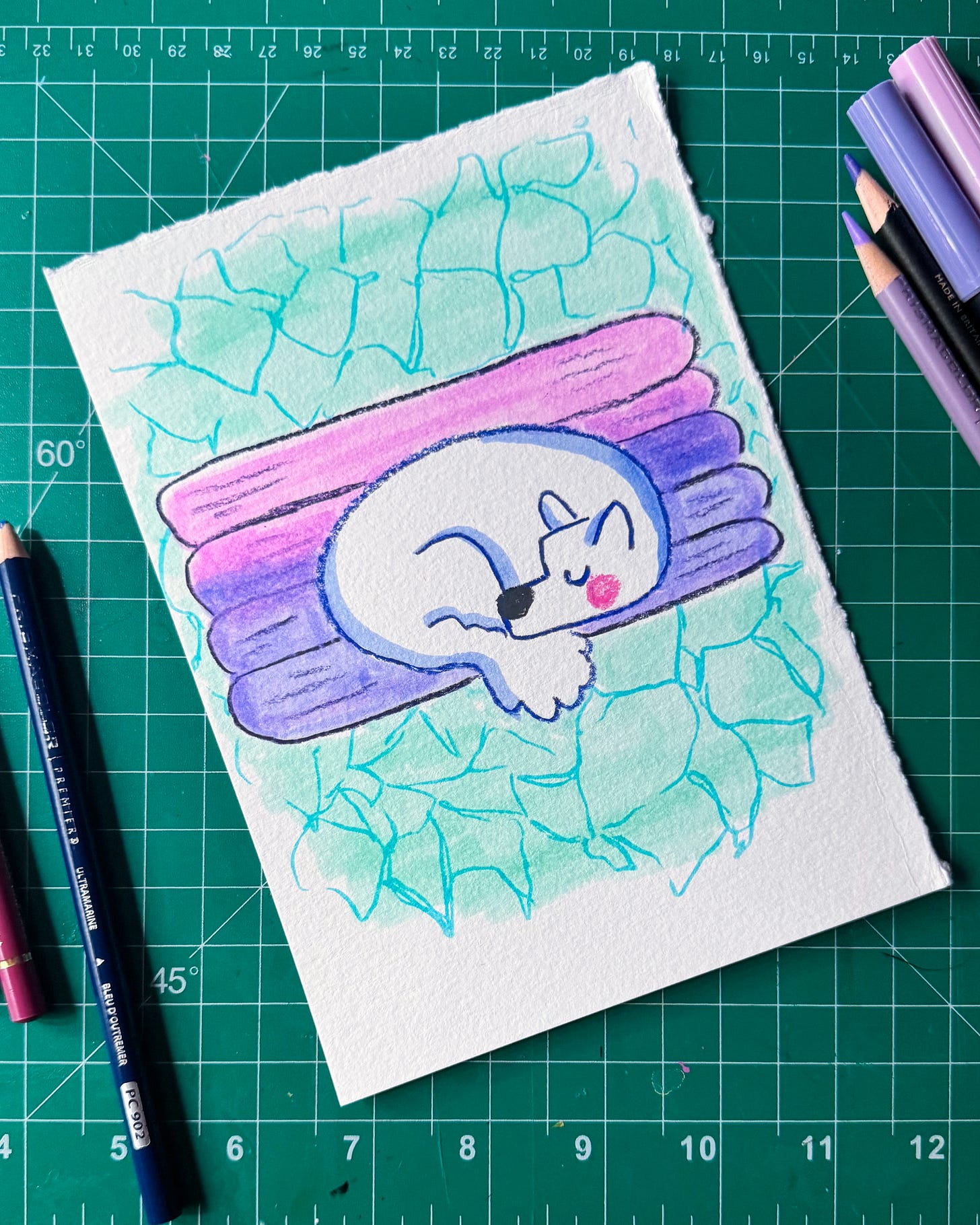 Drawing of a dog sleeping on a pool float in a pool Drawing of a dog sleeping on a pool float in a pool