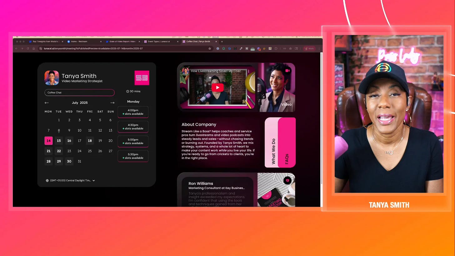 LunaCal booking page with embedded video