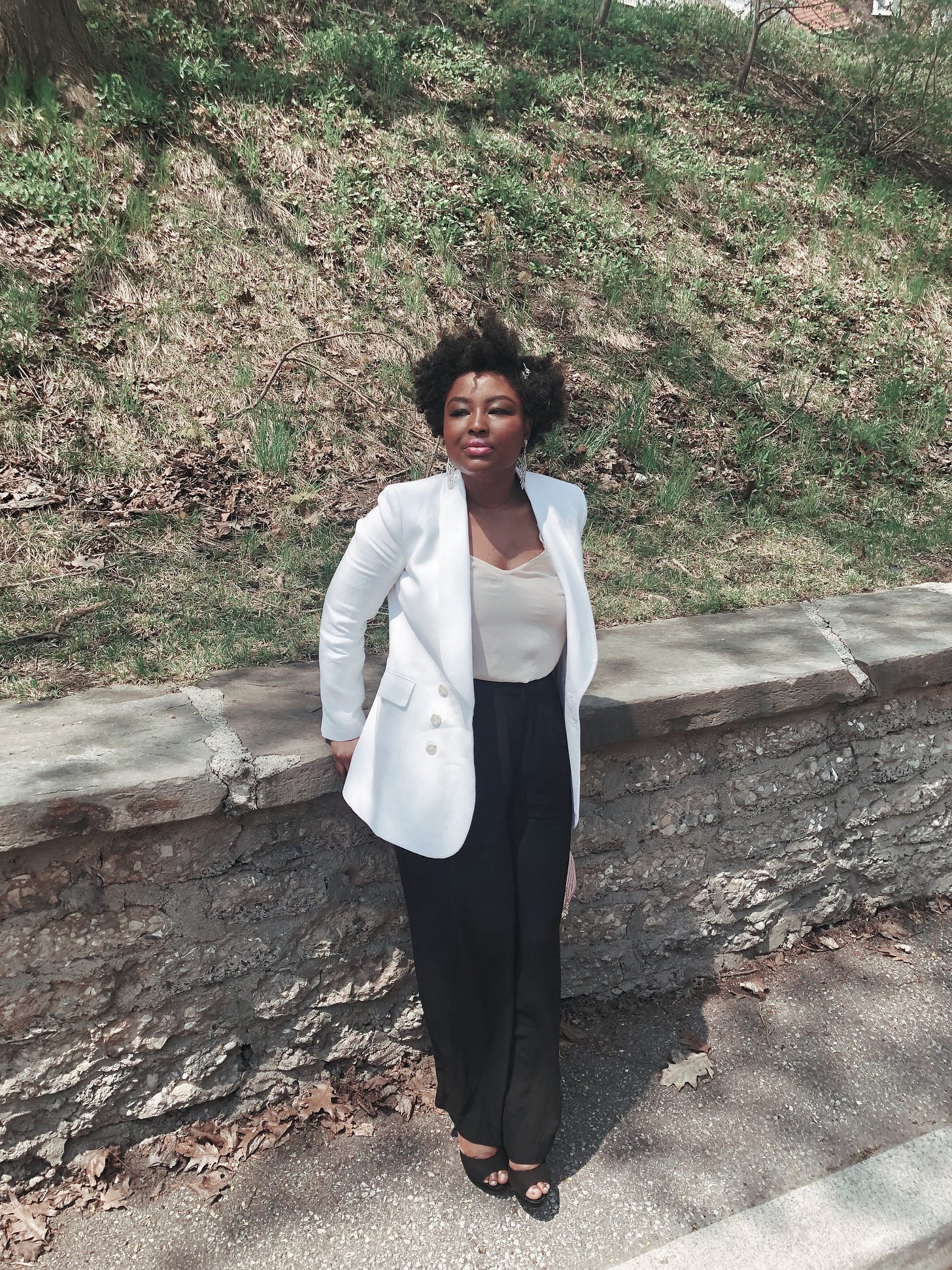 Theory Blazer white linen blazer, Aritzia silk camisole, &Other Stories wide leg dress pants, and Brian Atwood platform heels Theory Blazer white linen blazer, Aritzia silk camisole, &Other Stories wide leg dress pants, and Brian Atwood platform heels