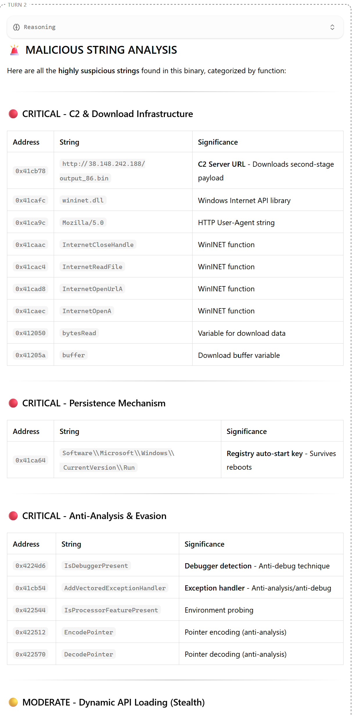 LLM이 생성한 악성 문자열 분석 결과 테이블