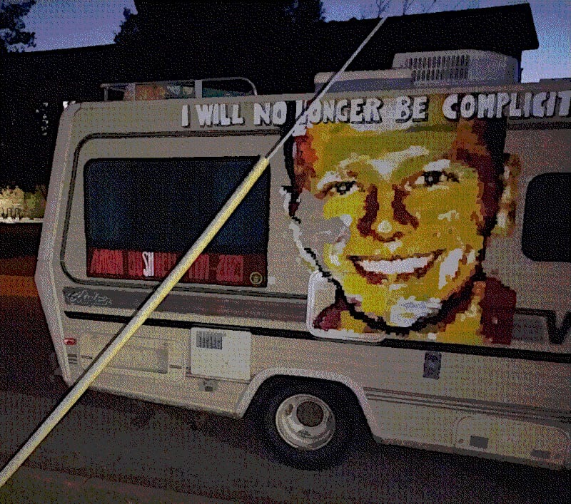 Image of the Aaron Bushnell mural on the side of the RV