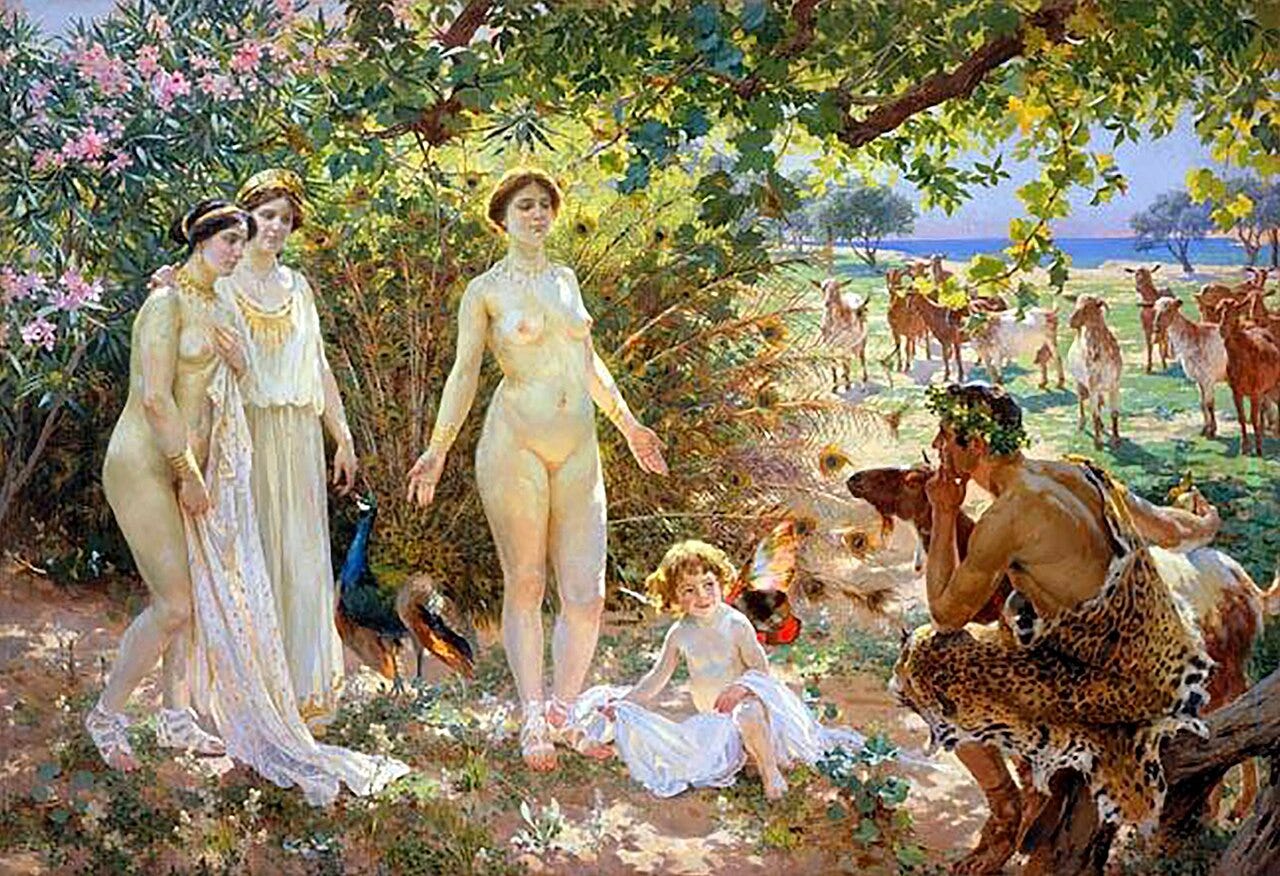 Simonet's Judgement of Paris, Paris seated before three standing nude goddesses Simonet's Judgement of Paris, Paris seated before three standing nude goddesses