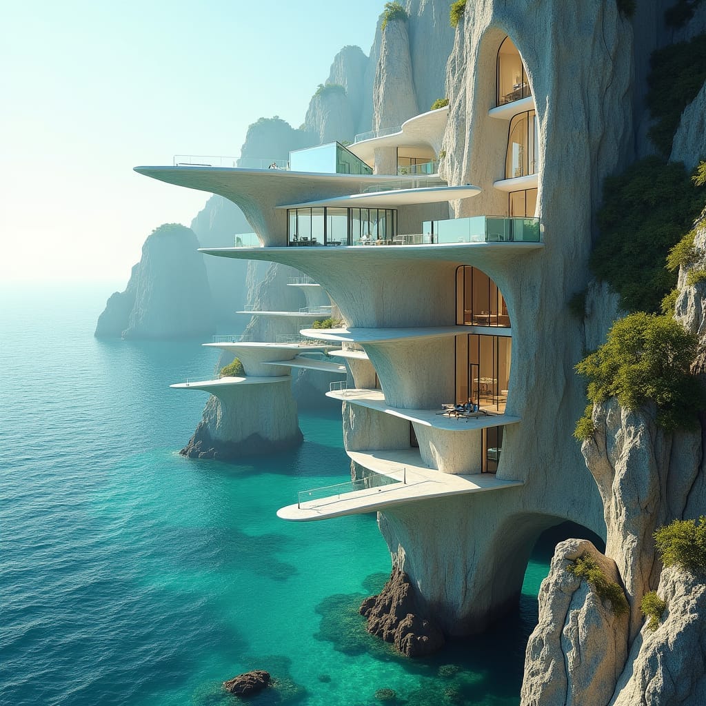 A futuristic crystal shard complex, cantilevered off a rugged cliffside, overlooking the turquoise ocean, with each shard containing diverse business spaces linked by sleek, transparent skybridges. The structure appears carved from the living rock, with sections hovering above the waves, as if defying gravity. The interior spaces are bathed in soft, diffused natural light, with glass walls that provide an ethereal, floating ambiance. 