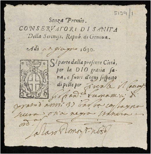 Wellcome Library, MS.5139/1, Health pass, Genoa, 22 June 1630 Wellcome Library, MS.5139/1, Health pass, Genoa, 22 June 1630