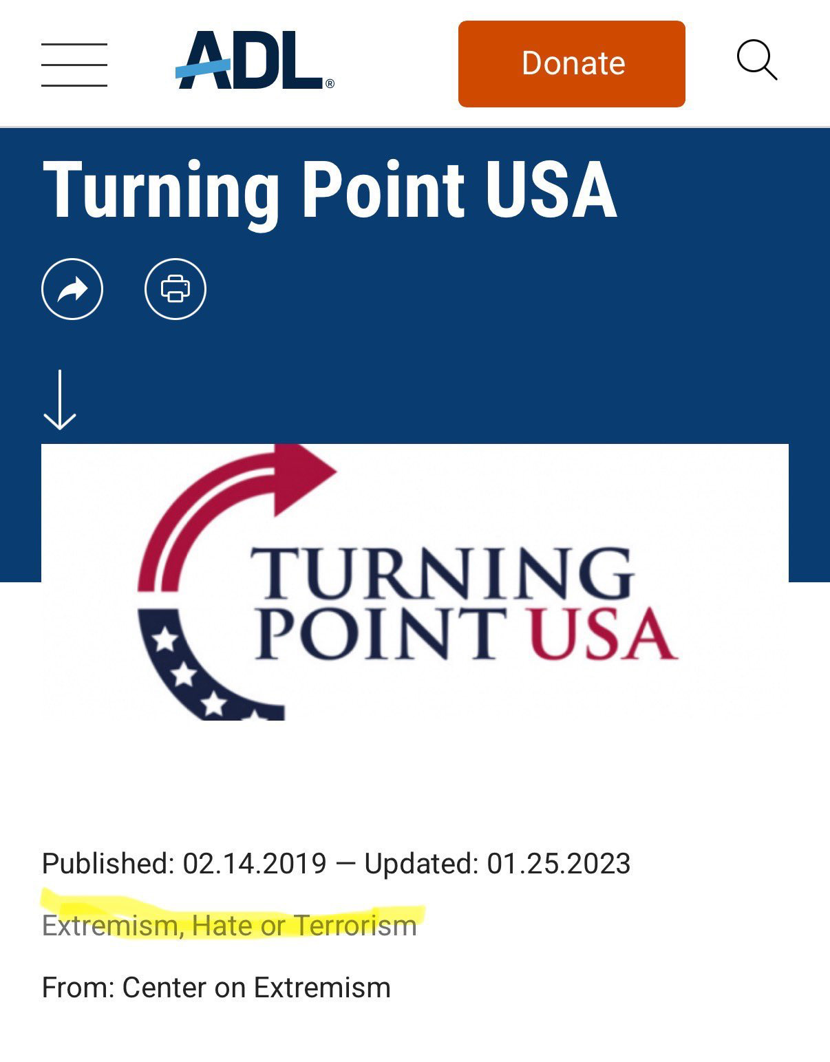 ADL placed Turning Point USA inside an “Extremism, Hate or Terrorism” category. A national youth movement was marked as a threat inside ADL’s public classification system.