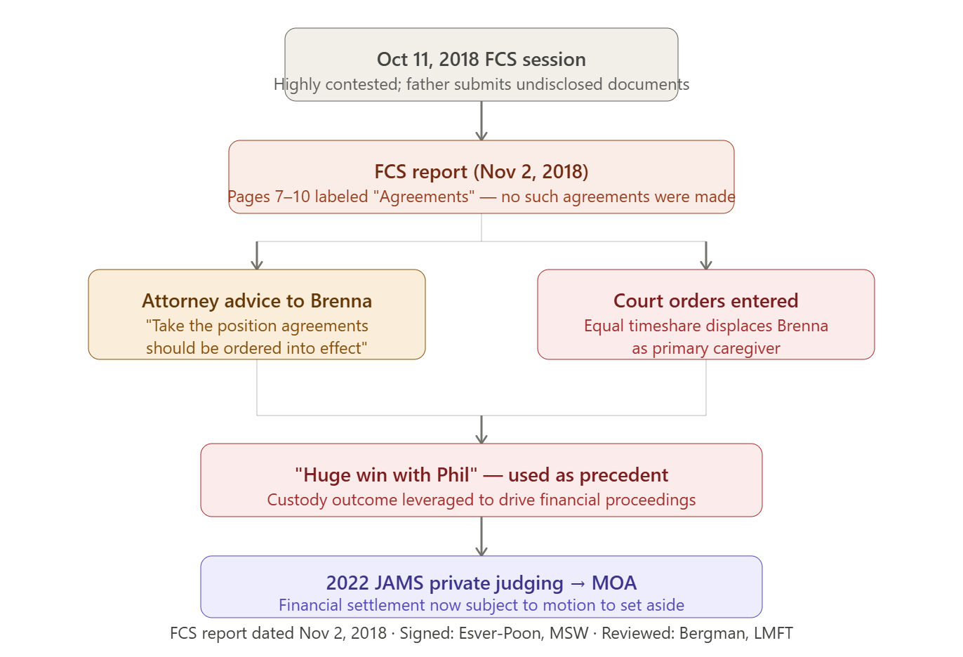 Flowchart detailing a legal timeline and proceedings related to child custody, including FCS session, attorney advice, court orders, and financial settlement. Flowchart detailing a legal timeline and proceedings related to child custody, including FCS session, attorney advice, court orders, and financial settlement.