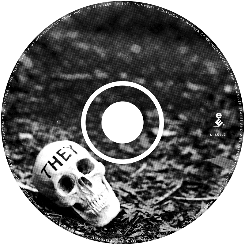 The CD face of John Henry by They Might Be Giants, featuring a black-and-white photo of a skull lying in a forest clearing with the word "THEY" written on its forehead.
