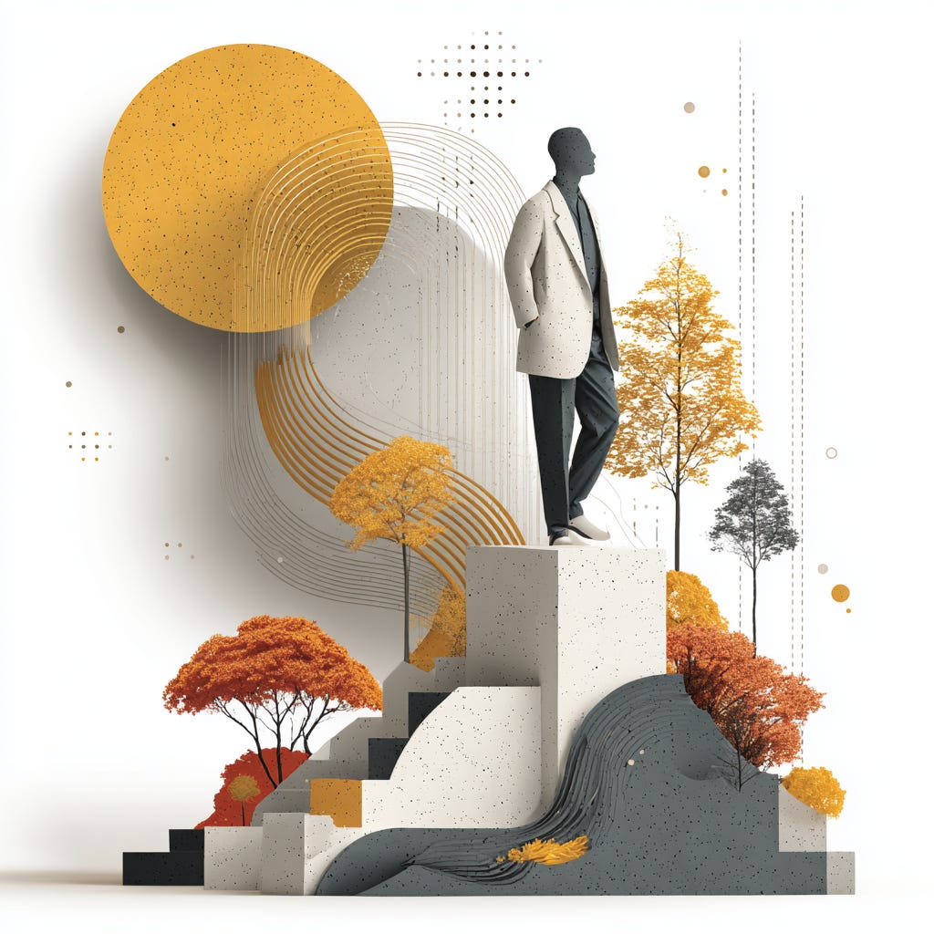 Minimalist conceptual artwork of a confident business executive in a light suit standing atop a modernist podium, surrounded by abstract golden and autumnal trees and geometric patterns on a clean white background. The composition conveys leadership, orchestration, and future-forward vision. This image illustrates the article ‘Prompt or Do Not Prompt, There Is No Try’ — a strategic guide for executives and legal leaders on mastering AI prompting and leading agentic AI platforms with clarity and purpose. The artwork symbolises the elevation of prompt literacy from technical task to strategic leadership skill.