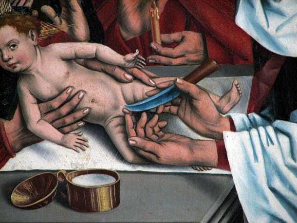 Detail from The Circumcision of Jesus by Friedrich Herlin, an event described in the Gospel of Luke. Detail from The Circumcision of Jesus by Friedrich Herlin, an event described in the Gospel of Luke.