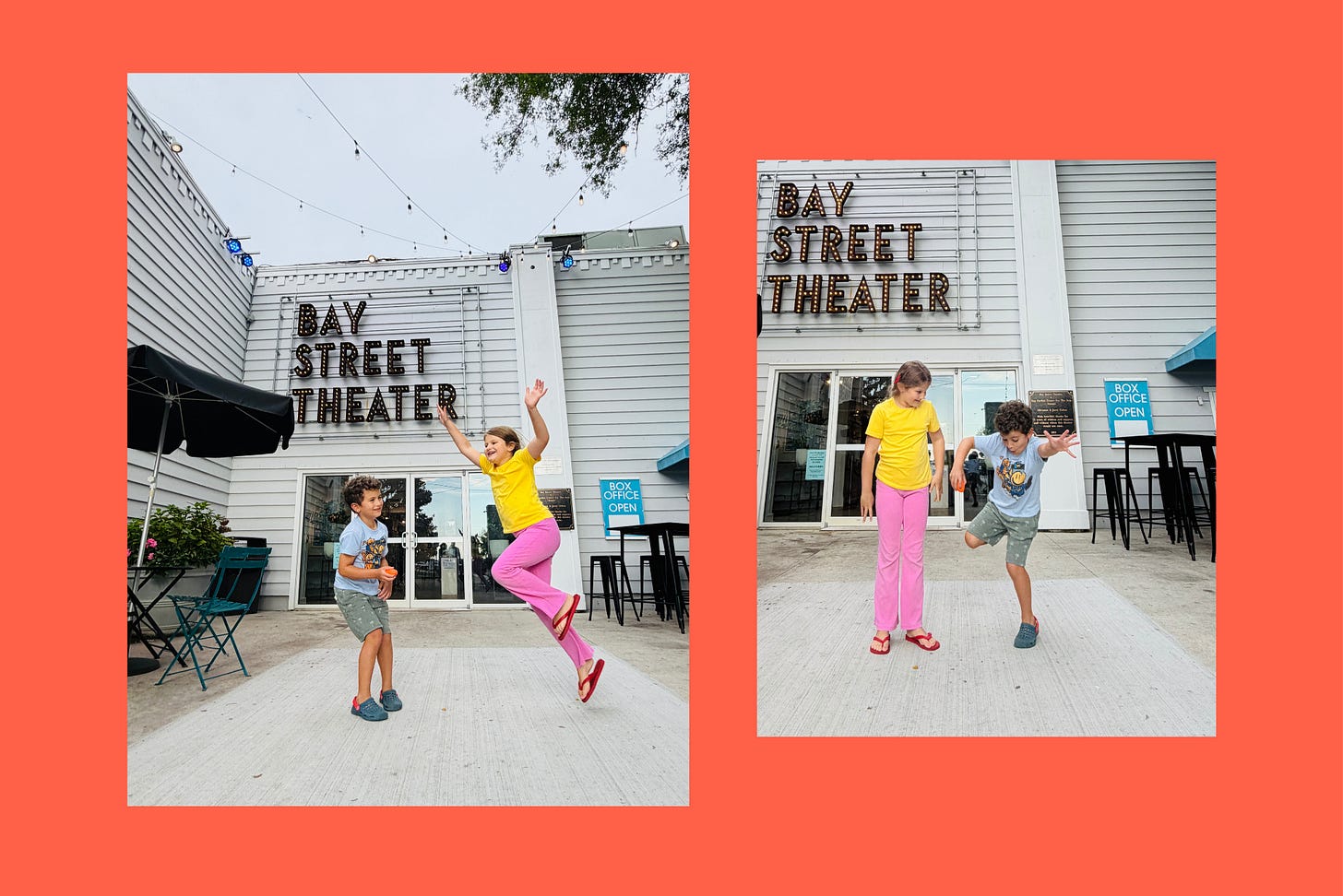 Two kids outside a theater on the last day of summer camp. Two kids outside a theater on the last day of summer camp.
