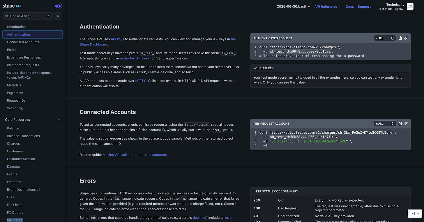 Stripe API docs showing authentication, connected accounts, and error codes with code examples. Stripe API docs showing authentication, connected accounts, and error codes with code examples.
