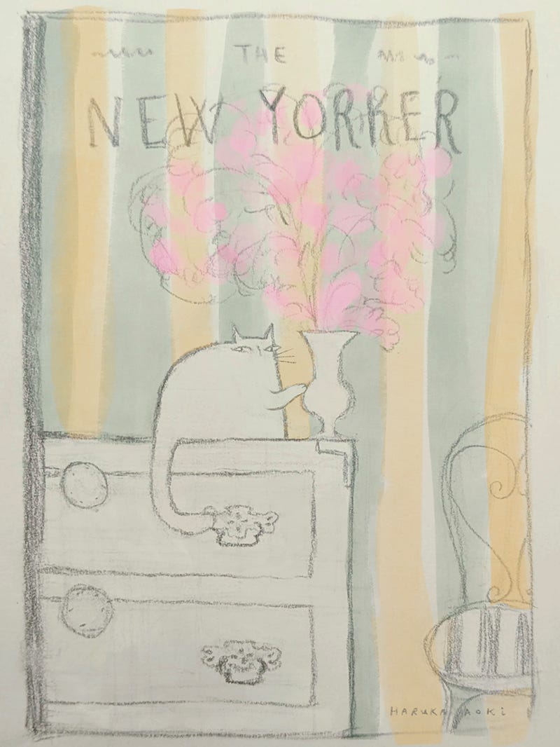 A sketch of a New Yorker cover featuring a cat about to tip over a flower vase with big pink flowers in it.