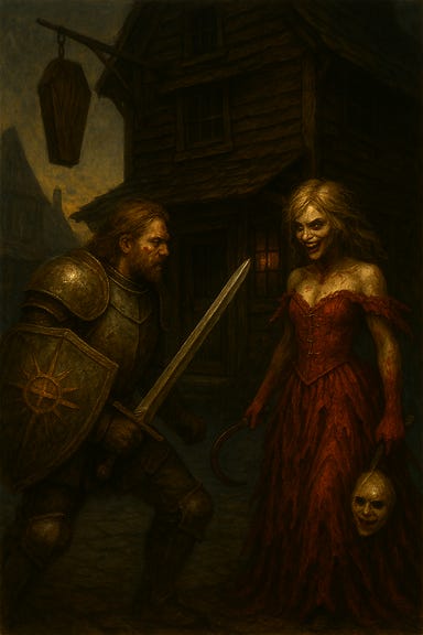 Create an image of Fleetwood preparing to fight Volenta in front of Henrik's Coffin Shop