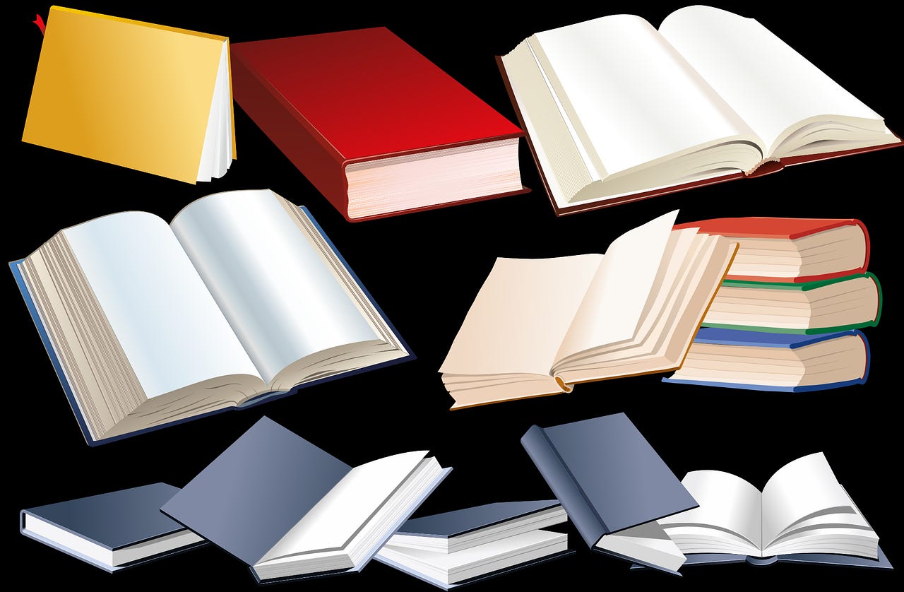 Artwork of books on a black background, some open and some closed, various colour of covers