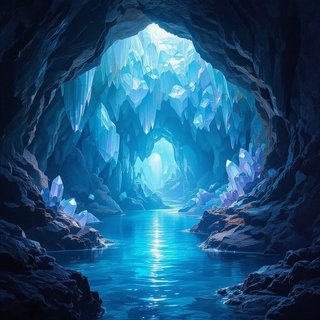 A deep, serene underwater cave filled with massive, perfectly formed crystalline structures. The crystals are locked tog… A deep, serene underwater cave filled with massive, perfectly formed crystalline structures. The crystals are locked tog…