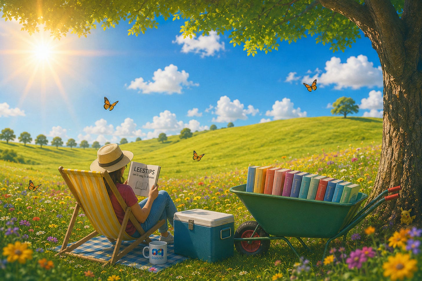 Met een kruiwagen vol boeken en een frigobox bij de hand, rustig lezen in een zomers landschap