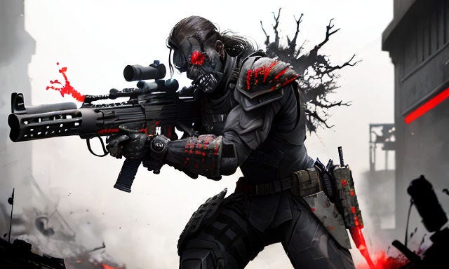 Prompt: In the foreground of the image, a soldier stands with a determined expression on his face, holding a high-powered rifle that crackles with energy. His armor is sleek and futuristic, with a red and black color scheme that matches the glowing energy emanating from his weapon.
In front of him, a zombie shambles towards him, its rotting flesh and grotesque appearance in stark contrast to the soldier's clean and polished armor. The zombie's eyes glow with an otherworldly hunger, and its mouth hangs open, revealing rows of yellowed teeth that are stained with blood and bits of flesh.
Despite the zombie's horrific appearance, the soldier is undaunted. He takes aim with his weapon, and a blue aura envelops him, giving him the strength and speed of a superhero. With lightning-fast reflexes, he unleashes a barrage of shots, each one accompanied by a brilliant burst of magical energy that obliterates the zombie in his path.
In the background of the image, the ruins of a city can be seen, with broken buildings and debris scattered all around. The sky is a sickly shade of green, hinting at the toxic atmosphere that now blankets the world.
The image serves as a reminder of the horrors of the Zombie Apocalypse, and the bravery and determination of the soldiers who fight back against the undead horde. Despite the odds against them, the soldiers remain steadfast and resolute, determined to protect what remains of humanity from the zombie menace. Prompt: In the foreground of the image, a soldier stands with a determined expression on his face, holding a high-powered rifle that crackles with energy. His armor is sleek and futuristic, with a red and black color scheme that matches the glowing energy emanating from his weapon.
In front of him, a zombie shambles towards him, its rotting flesh and grotesque appearance in stark contrast to the soldier's clean and polished armor. The zombie's eyes glow with an otherworldly hunger, and its mouth hangs open, revealing rows of yellowed teeth that are stained with blood and bits of flesh.
Despite the zombie's horrific appearance, the soldier is undaunted. He takes aim with his weapon, and a blue aura envelops him, giving him the strength and speed of a superhero. With lightning-fast reflexes, he unleashes a barrage of shots, each one accompanied by a brilliant burst of magical energy that obliterates the zombie in his path.
In the background of the image, the ruins of a city can be seen, with broken buildings and debris scattered all around. The sky is a sickly shade of green, hinting at the toxic atmosphere that now blankets the world.
The image serves as a reminder of the horrors of the Zombie Apocalypse, and the bravery and determination of the soldiers who fight back against the undead horde. Despite the odds against them, the soldiers remain steadfast and resolute, determined to protect what remains of humanity from the zombie menace.