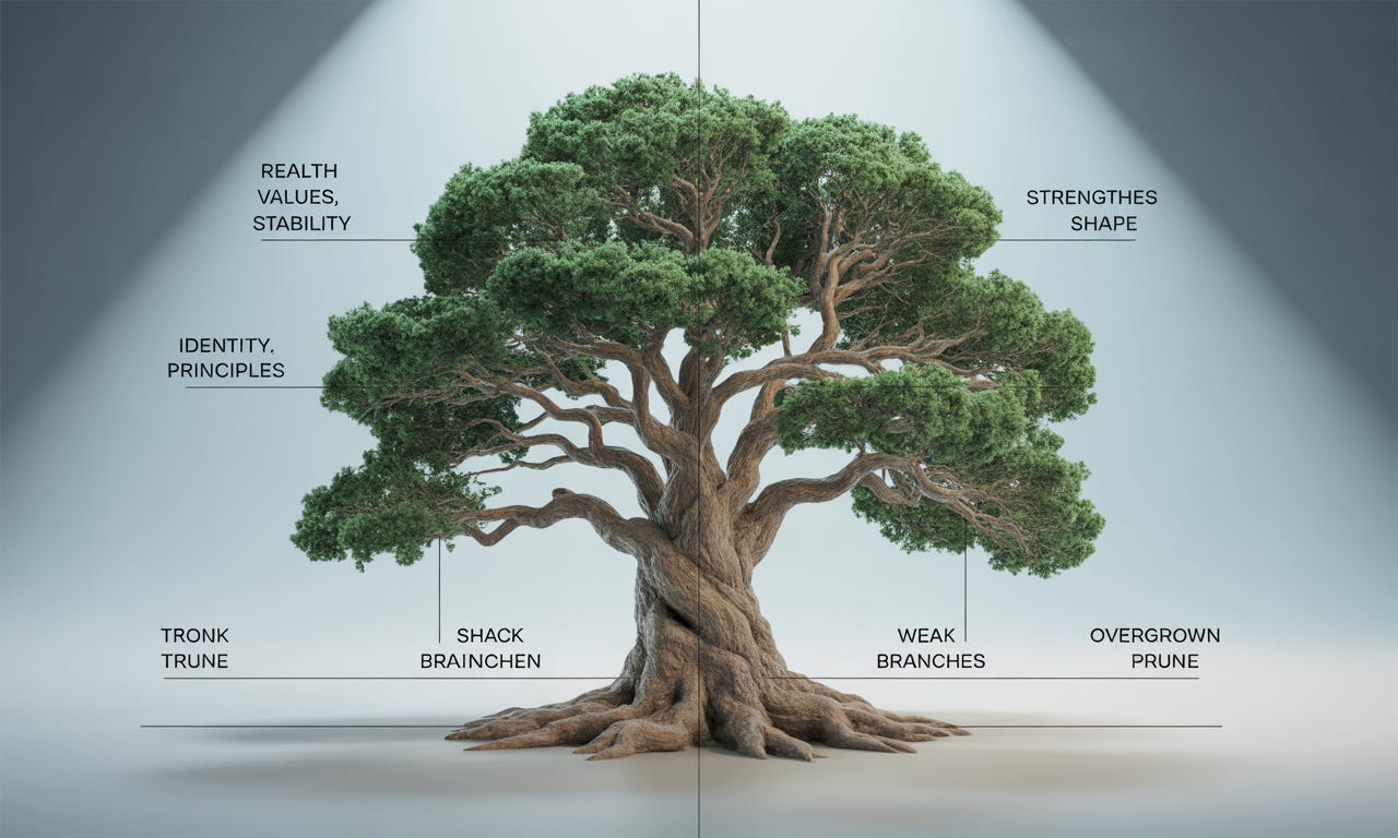 Illustration of a large tree with balanced branches and deep roots, representing the Life Tree concept.